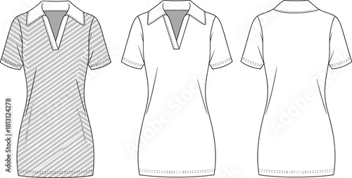 Women's polo shirt fashion template with front and back views, technical apparel sketch design, CAD drawing flat vector illustration