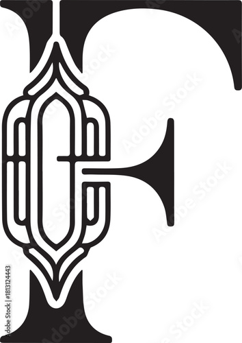 Ornate capital letter f with bugle design