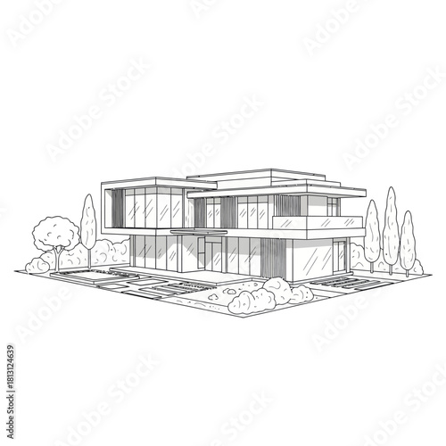 Architectural Sketch of a Modern House with Landscaping.