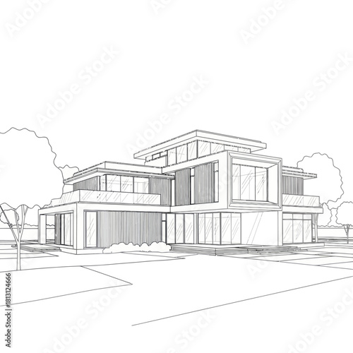 Architectural line drawing of a modern minimalist house exterior.