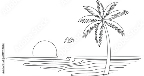 Continuous Line Art Vector Illustration of a Tropical Beach Sunset with Palm Tree, Ocean Waves, and a Seagull, Symbolizing Vacation, Relaxation, and Summer Travel