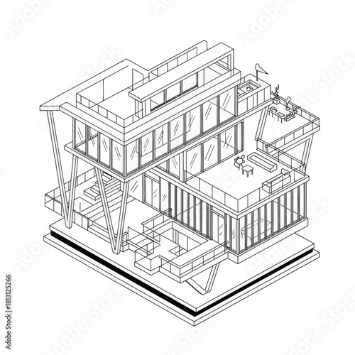Isometric line drawing of a modern multi story architectural building.
