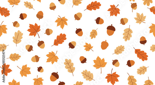 Seamless autumn pattern featuring colorful fall leaves and acorns scattered on a clean white background, evoking the seasonal beauty.