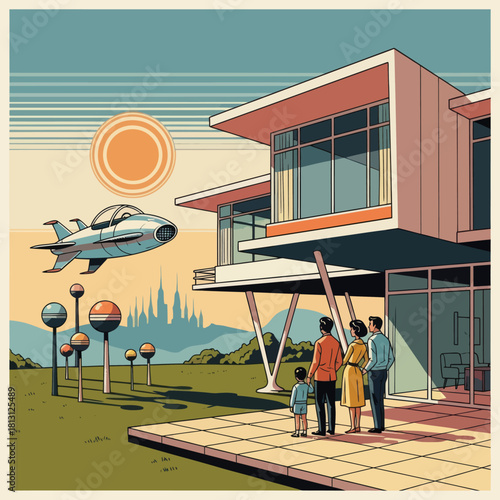 Retro Futuristic Family Gazing at Flying Car Near Modern House.