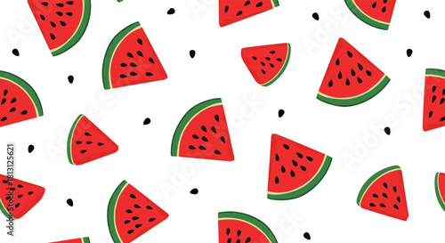 A vibrant and refreshing seamless pattern featuring bright red watermelon slices with black seeds scattered on a clean white background, perfect for summer designs.