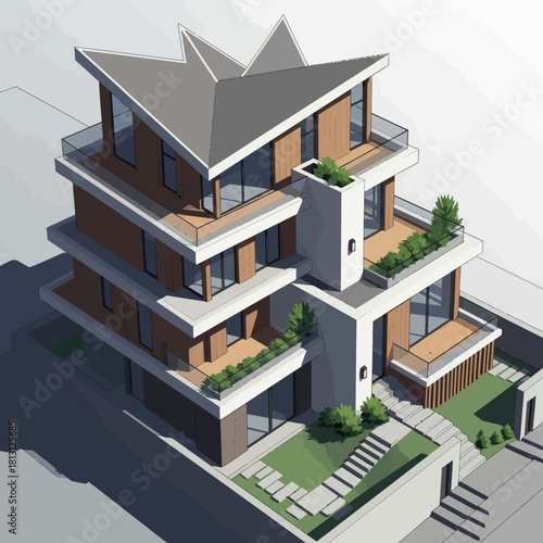 Modern Architectural Design of a Multi-Story Residential Building with Unique Roofline.