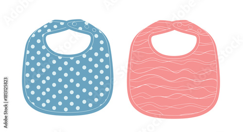 Two cute baby bibs, one light blue with white polka dots and one pink with wavy lines, designed for infants.