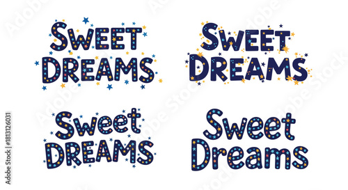Four different stylized designs of 'Sweet Dreams' text, adorned with colorful stars, suitable for various sleep-related themes and children's decor.