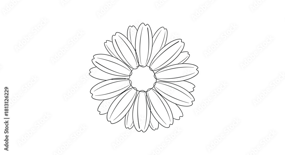 Obraz premium Simple outline drawing of a stylized daisy flower, featuring numerous petals arranged radially around an open central core, presented in black and white.