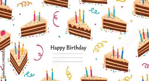 A cheerful birthday pattern featuring delicious chocolate cake slices with colorful candles, confetti, and streamers on a white background.