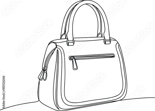 Continuous Line Art Vector Illustration of a Stylish Women's Handbag or Purse with Handles and Zippers, Representing Fashion, Accessories, Shopping, and Luxury