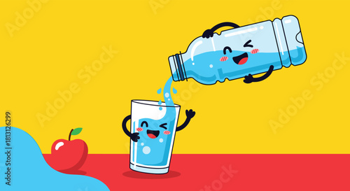 Happy cartoon water bottle pouring fresh water into a smiling glass next to a red apple, promoting hydration and health.