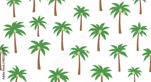 Seamless pattern of cartoon palm trees with green fronds and coconuts on a white background, evoking a tropical and summery vibe.