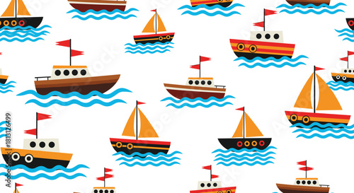 A charming seamless pattern featuring various cartoon boats and sailboats sailing on blue waves against a pristine white background.