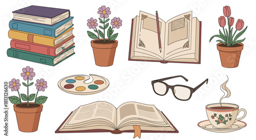 A curated collection of cozy and intellectual elements, featuring books, potted flowers, art supplies, eyeglasses, and a steaming teacup.