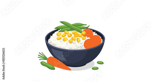 A colorful and nutritious illustration of a healthy rice bowl with corn, green beans, and orange toppings, surrounded by fresh vegetables.