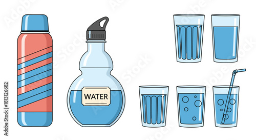 Assortment of hydrating vessels, including a red and blue thermos, a labeled water bottle, and various glasses of water.