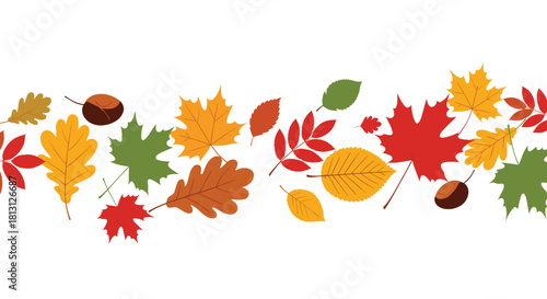 A decorative border featuring a vibrant collection of colorful autumn leaves and chestnuts scattered across a clean white background.