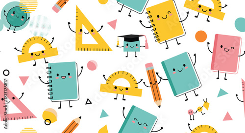 Cute and playful seamless pattern featuring animated school supplies like notebooks, pencils, and rulers with happy faces, perfect for education and learning themes.