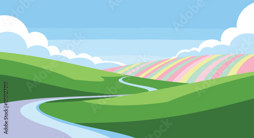 Vibrant and whimsical landscape illustration featuring rolling green hills, a winding path, and a pastel rainbow-striped mountain under a blue sky.
