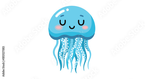 An adorable, smiling blue cartoon jellyfish with closed eyes and rosy cheeks floats peacefully, its spotted tentacles trailing below against a white background.
