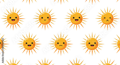 A seamless pattern of cute cartoon suns displaying a variety of happy and expressive emojis on a clean white background.
