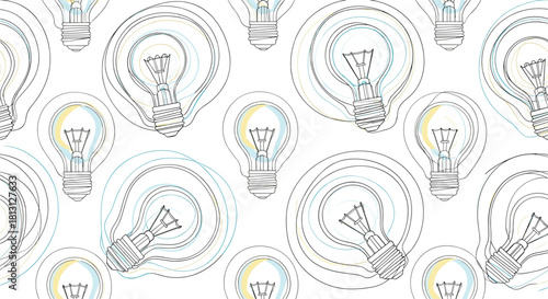 A seamless pattern featuring hand-drawn outline illustrations of light bulbs with subtle light blue and yellow glowing accents, symbolizing creativity and new ideas.