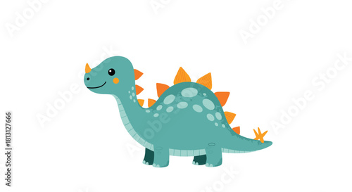 Cute cartoon dinosaur with a blue body, orange spikes, and spots, happily walking on a clean white background.