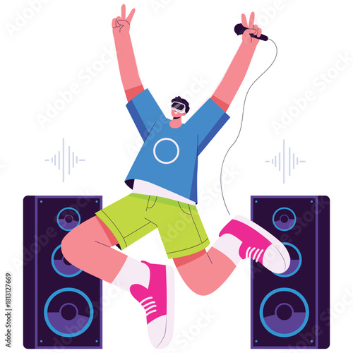 Creative Tech Illustration. Vector illustration of Young man with VR headset jumping with microphone between speakers at a lively party scene. Isolated on background