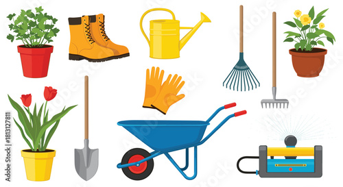 A collection of essential gardening tools and potted plants, perfect for starting a garden or performing yard work duties.