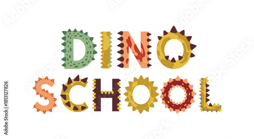 Playful 'Dino School' lettering designed with colorful, textured dinosaur skin patterns and spikes, ideal for children's educational content.
