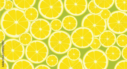 Seamless pattern of fresh yellow lemon and lime slices on a vibrant green background, showcasing a refreshing citrus design.