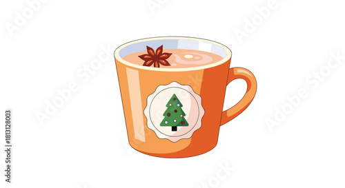 A cheerful orange mug with a warm, spiced beverage and star anise, decorated with a festive Christmas tree emblem, perfect for winter holidays.