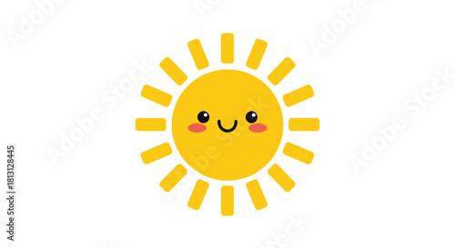 A cheerful cartoon sun with a smiling face and rosy cheeks radiates warmth and happiness on a plain white background, symbolizing bright and sunny weather.