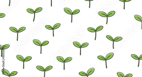 Seamless pattern of cute green cartoon sprouts with two leaves on a white background, symbolizing growth and nature.