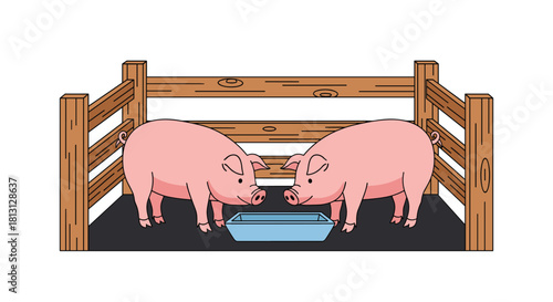Cartoon illustration featuring two pink pigs in a wooden fence pen, with a blue feeding trough in the center.