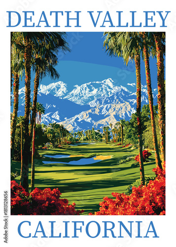 Death Valley, California vector illustration vintage poster design showing golf course and snowy mountains
