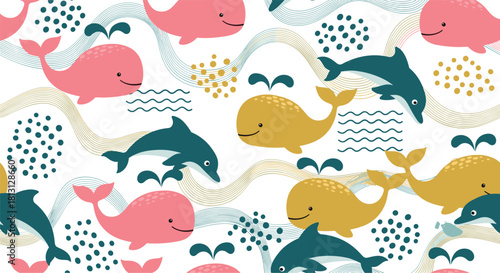 Adorable marine life pattern featuring playful whales and dolphins in pink, yellow, and blue, surrounded by decorative ocean elements.