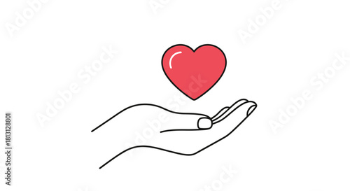 A simple line art illustration of an open hand gently presenting a vibrant red heart, symbolizing love, care, generosity, and emotional connection.