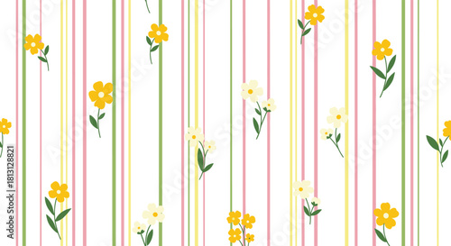 Seamless vertical striped pattern featuring charming yellow and white cartoon flowers, creating a fresh and playful floral background.