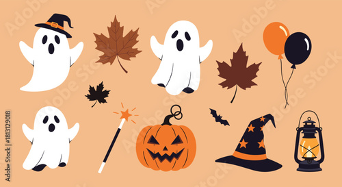Adorable Halloween holiday flat lay with ghosts, pumpkins, bats, witch accessories, and autumnal foliage on a warm background.