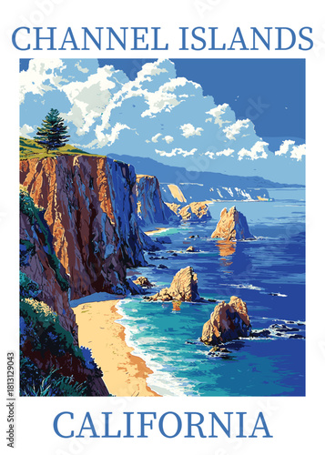 Vintage Channel Islands National Park poster vector illustration, California travel art featuring dramatic sea stacks, rugged cliffs, and clear blue Pacific Ocean waters.