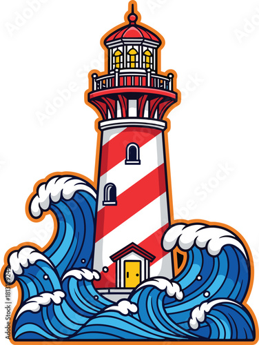 Cartoon Lighthouse Illustration Standing Firm Against Crashing Ocean Waves, Detailed Drawing of Red and White Striped Tower Symbolizing Guidance, Protection, Storms, and Coastal Navigation