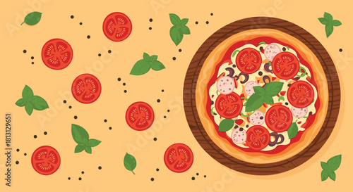 Top view illustration of a freshly baked pizza on a wooden cutting board, surrounded by scattered tomatoes, basil, and peppercorns.