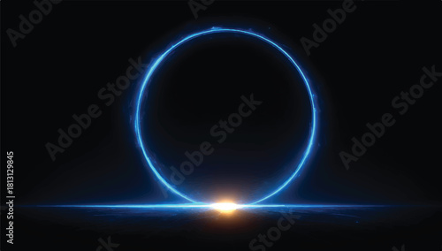Futuristic portal glowing blue energy circle with horizon light ray