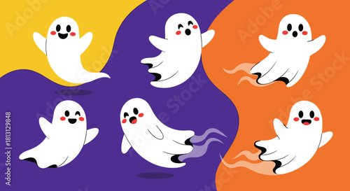 Six cute and playful cartoon ghosts, some floating and some zooming, depicted with happy expressions on a vibrant, wavy Halloween-themed background.
