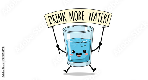 A cheerful, animated glass of water with a happy face holds a banner encouraging people to drink more water, promoting hydration.