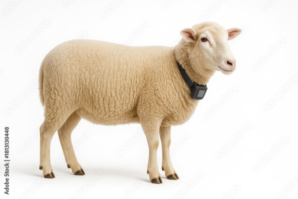 Obraz premium Clean well groomed sheep standing in side view on seamless white background farm livestock portrait for ethical wool dairy meat branding and sustainable agriculture design