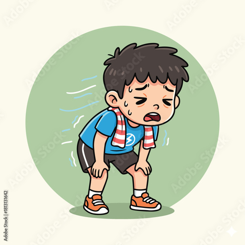 Cartoon illustration of a tired and sweaty boy resting after intense physical activity or exercise.