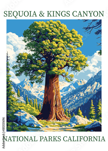 Sequoia and Kings Canyon National Parks travel poster vector illustration featuring a massive Giant Sequoia tree set against snowy Sierra Nevada mountains.